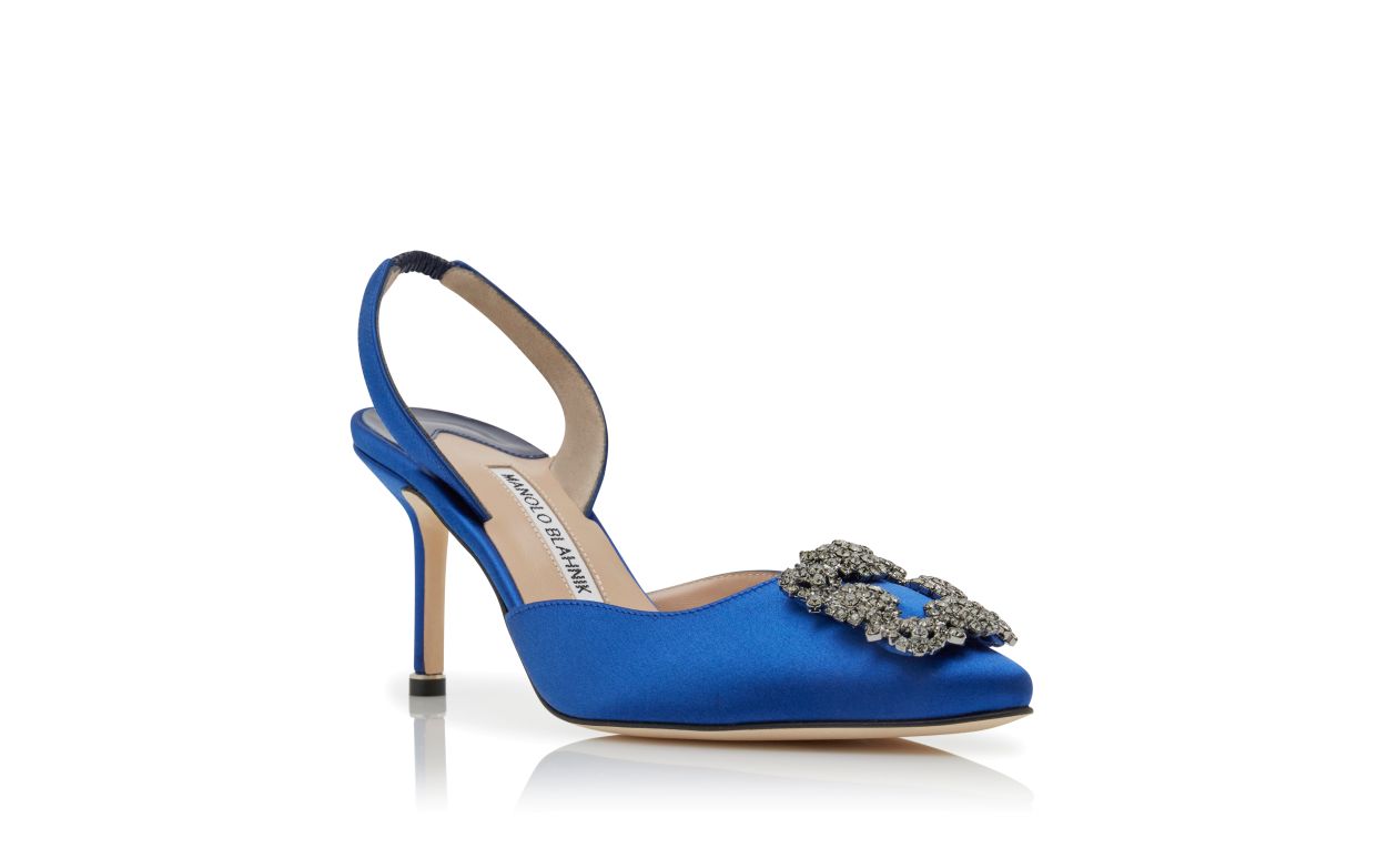Pumps Slingback in Raso Blu con Fibbia di Gioielli