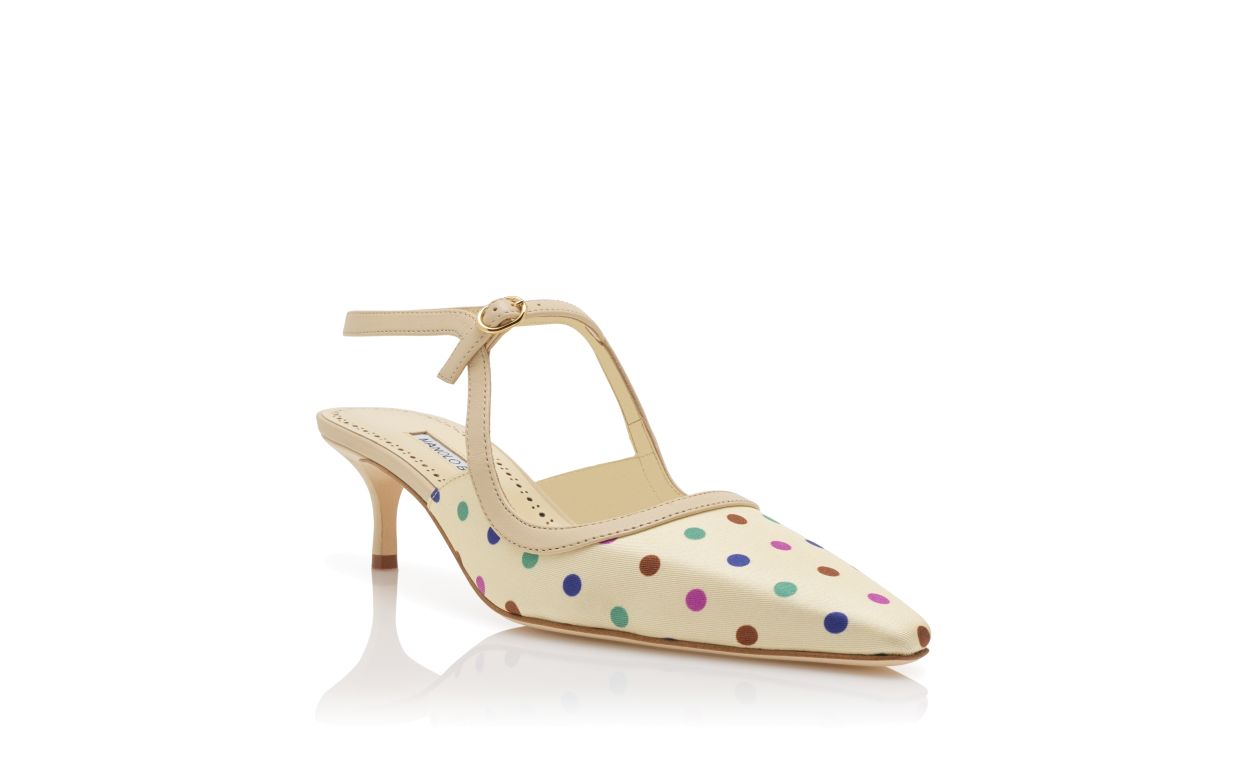 Pumps con cinturino alla caviglia a pois in seta crema
