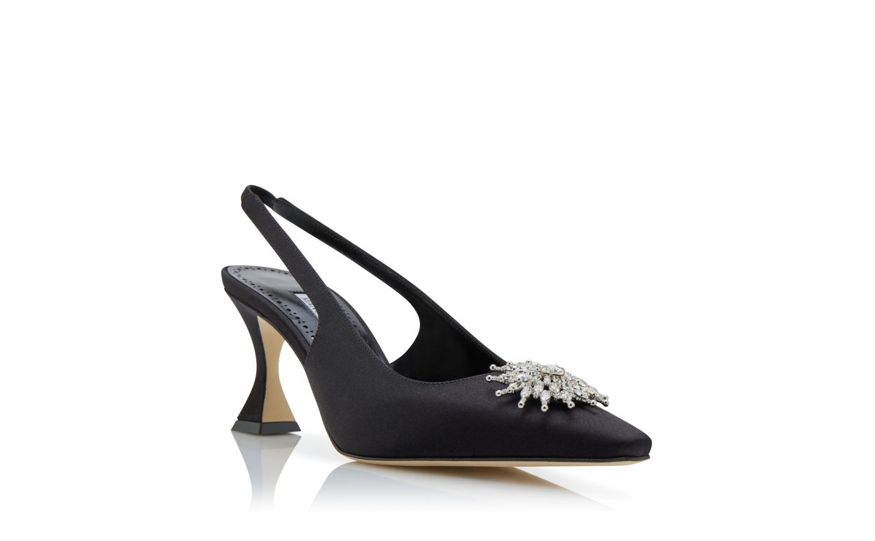 Pumps Slingback in Seta Nera con Decorazioni in Cristallo
