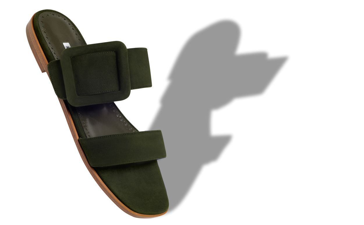 Sandali Piani in Suede Verde Scuro