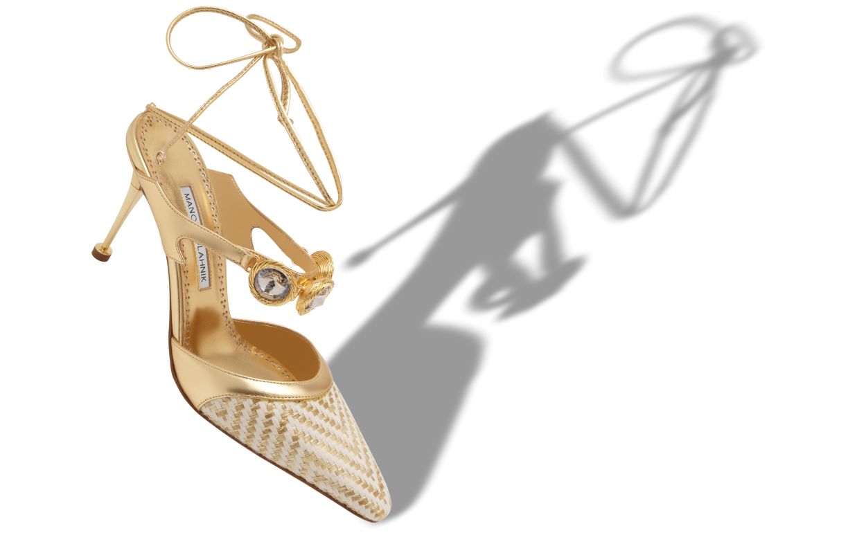 Pumps con cinturino alla caviglia in pelle nappa dorata decorata con cristalli