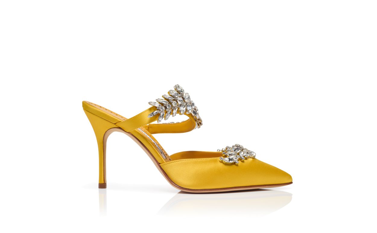 Mules in Seta Gialla Decorate con Cristalli