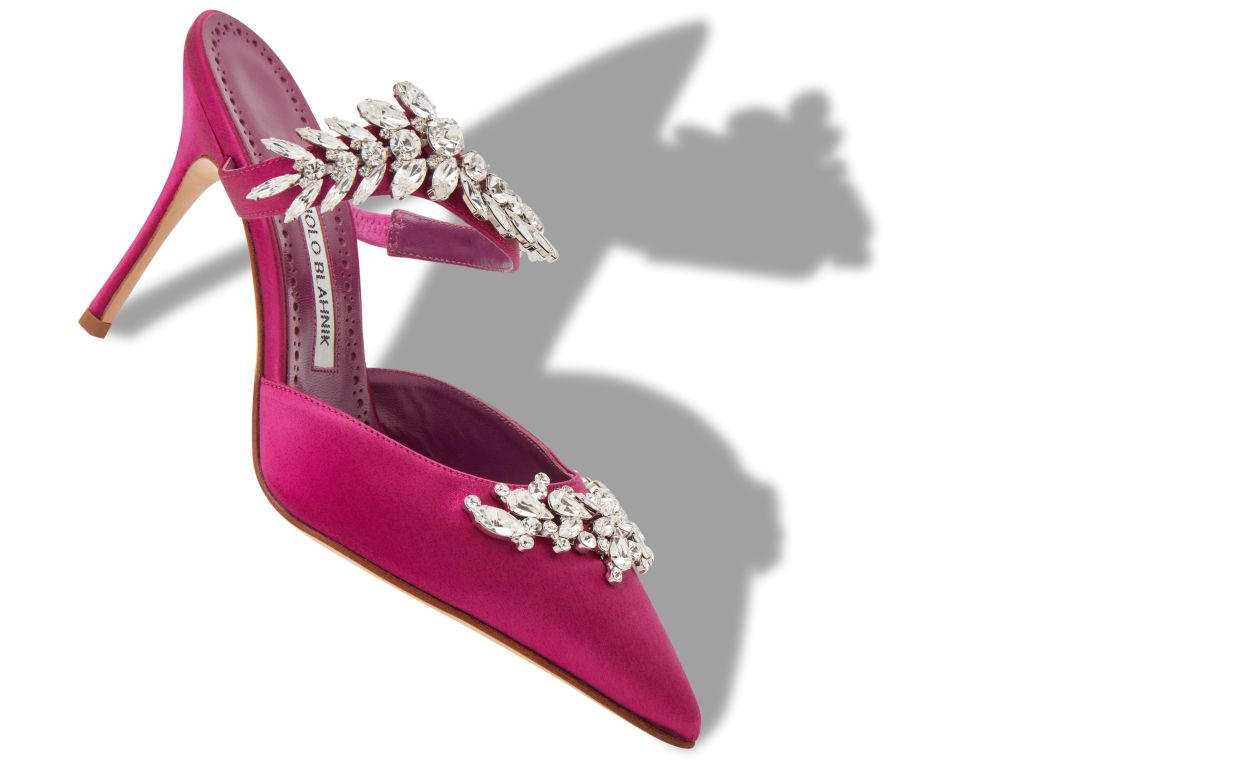 Mule in raso fucsia con applicazioni di cristalli