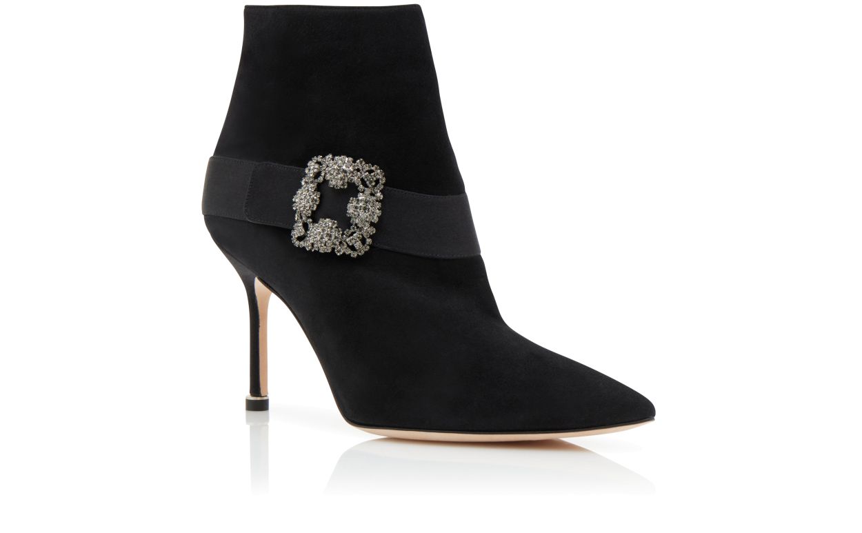 Stivali Ankle in Suede Nero con Fibbia da Gioiello