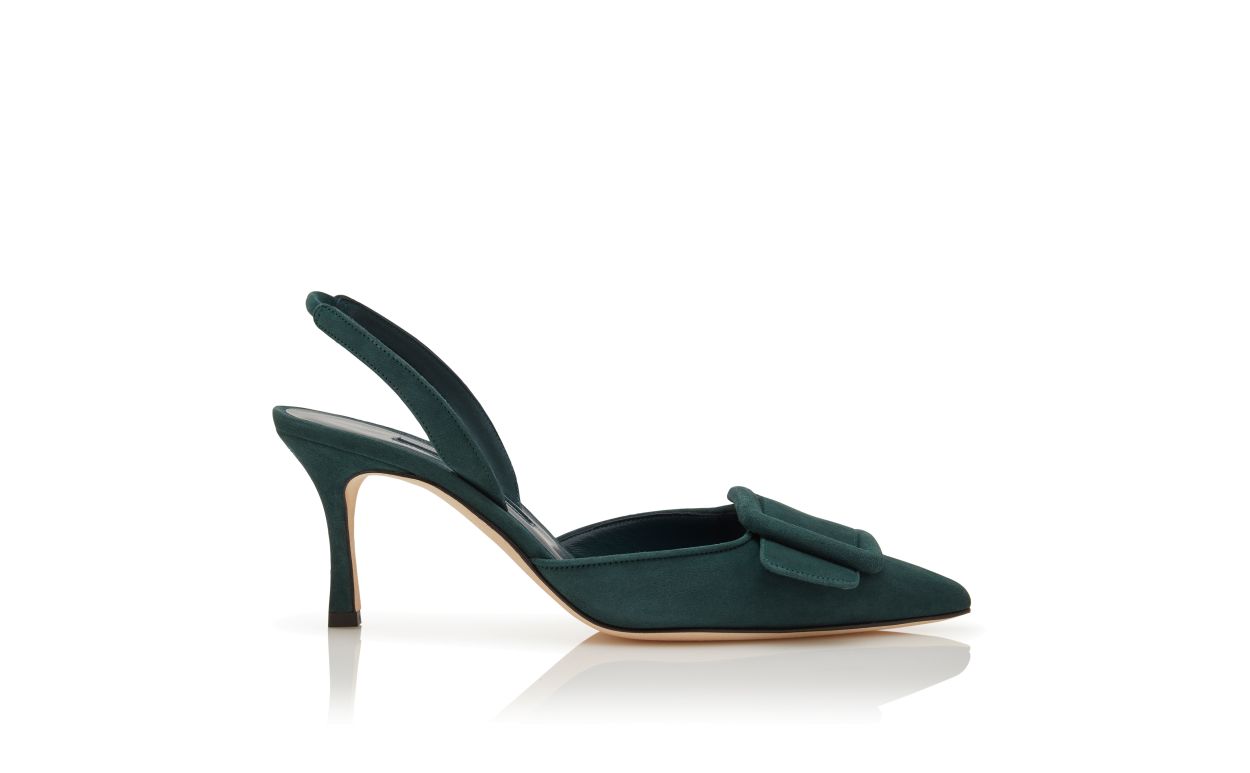 Pumps Slingback con Dettaglio Fibbia in Suede Verde Scuro