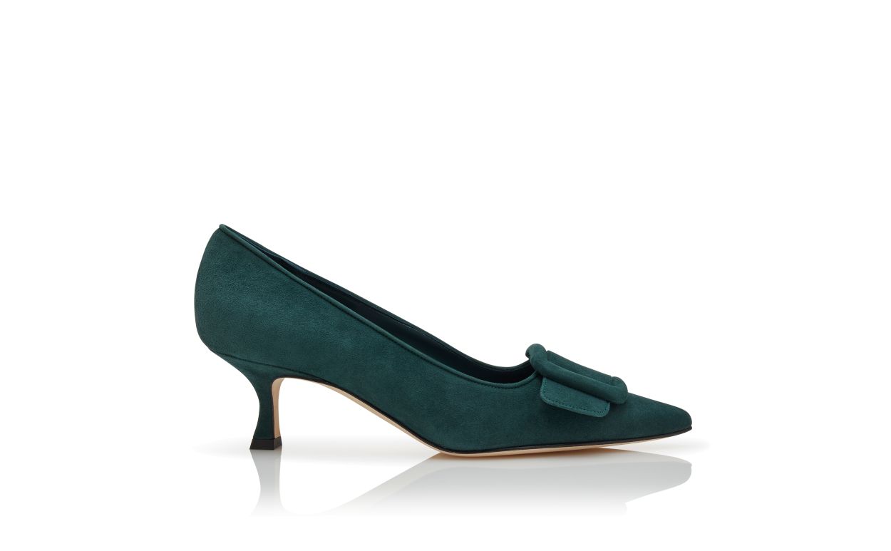 Pumps in Suede Verde Scuro con Dettaglio Fibbia