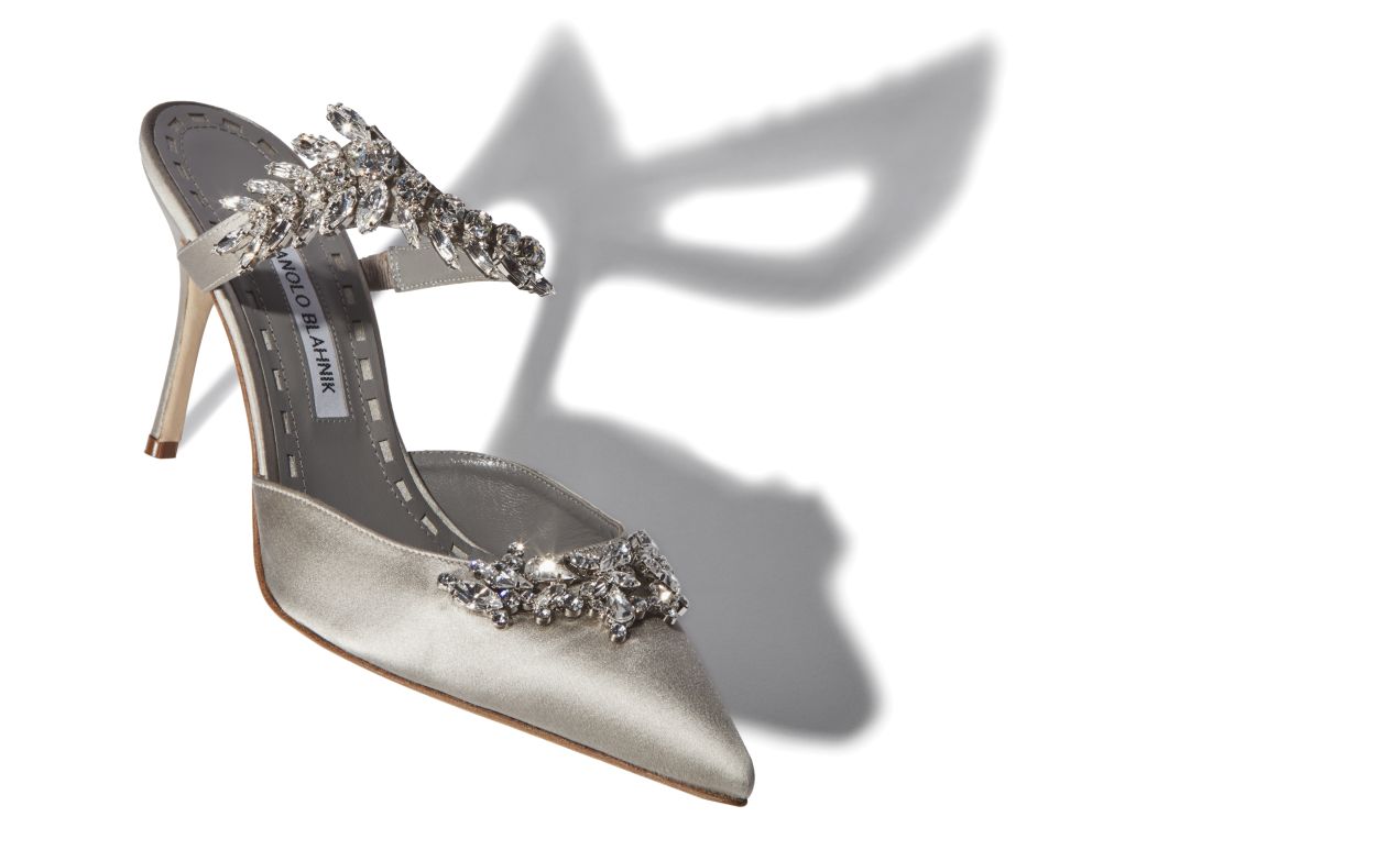 Mules in Seta Grigia Decorate con Cristalli