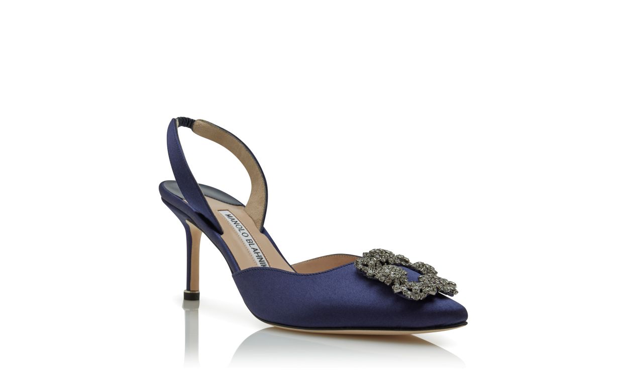 Pumps Slingback con Fibbia in Raso Blu Navy