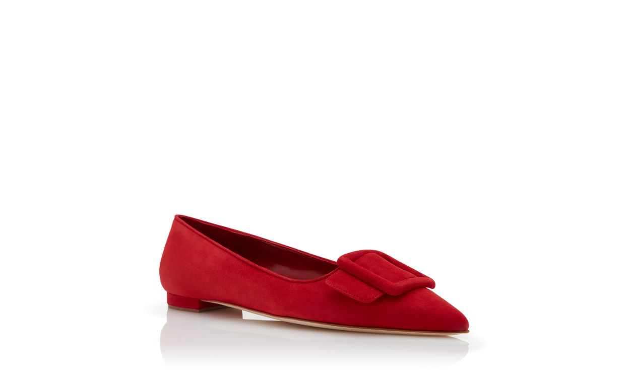Pumps Piatte con Dettaglio Fibbia in Suede Rosso