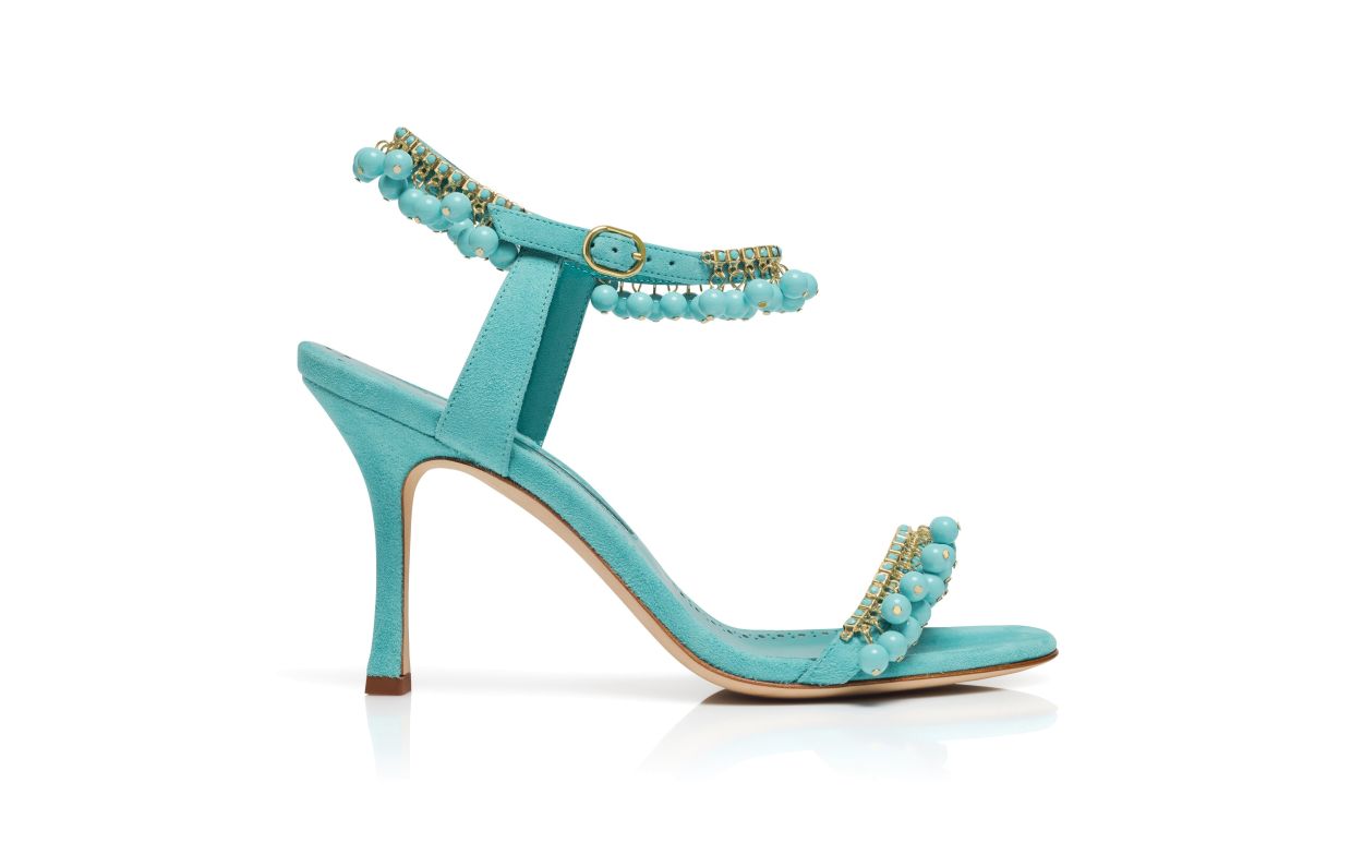 Sandali in Suede Blu con Decorazioni in Gioiello