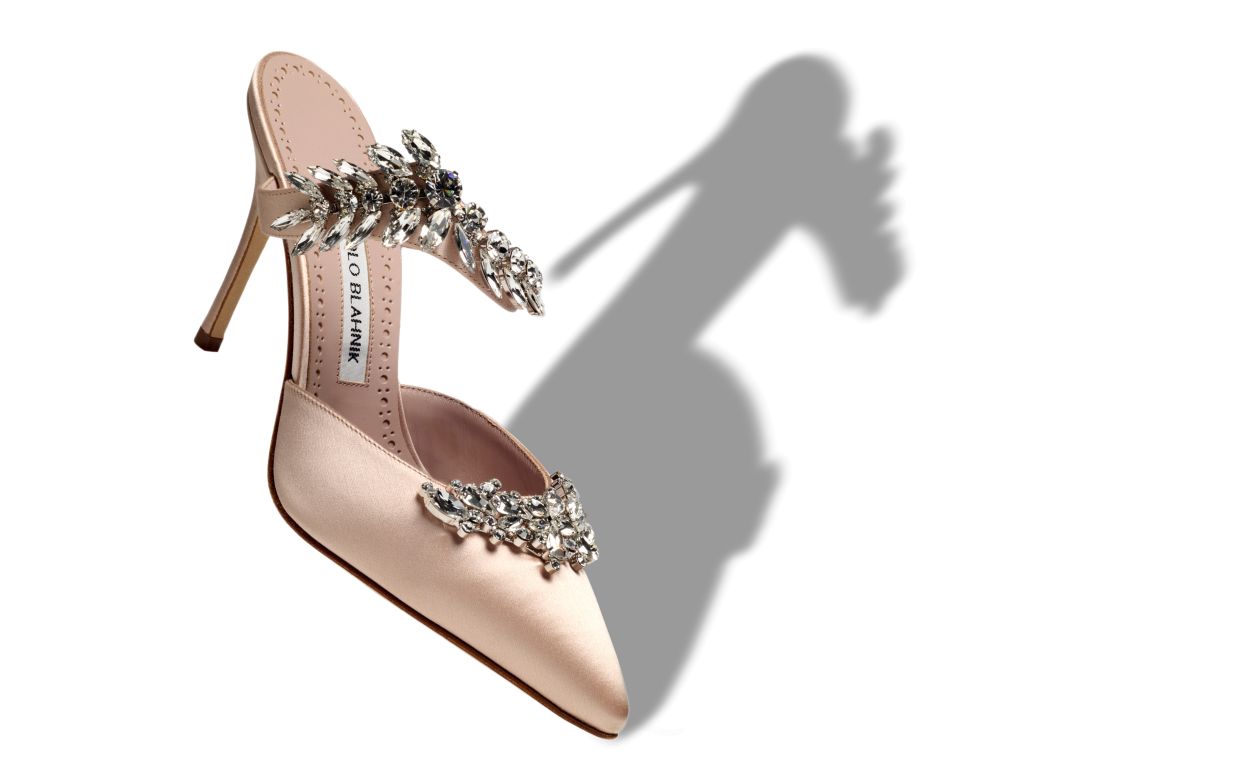Mule in Seta Beige con Decorazioni in Cristallo