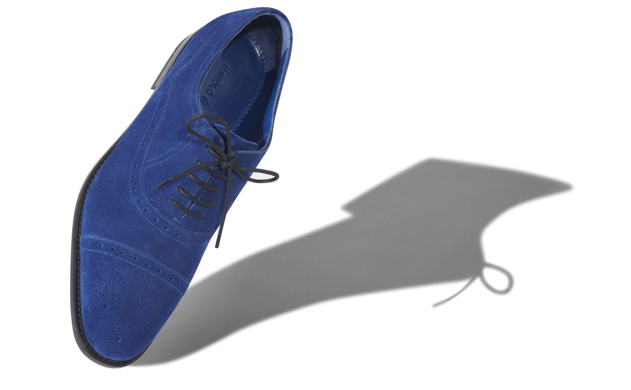 Oxford in Suede Blu Brillante con Punta a Cappuccio