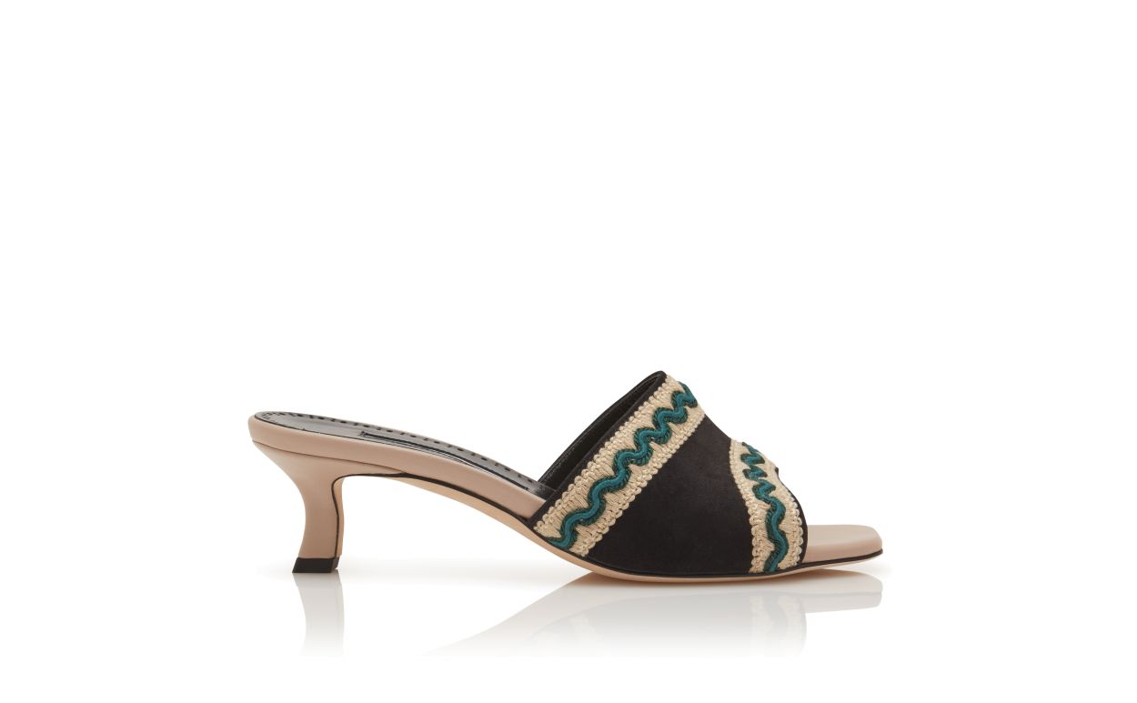 Mule in Suede Beige Chiaro e Nero con Dettagli a Maglia