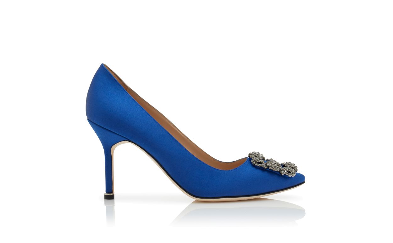 Pumps con fibbia in vetro di seta blu