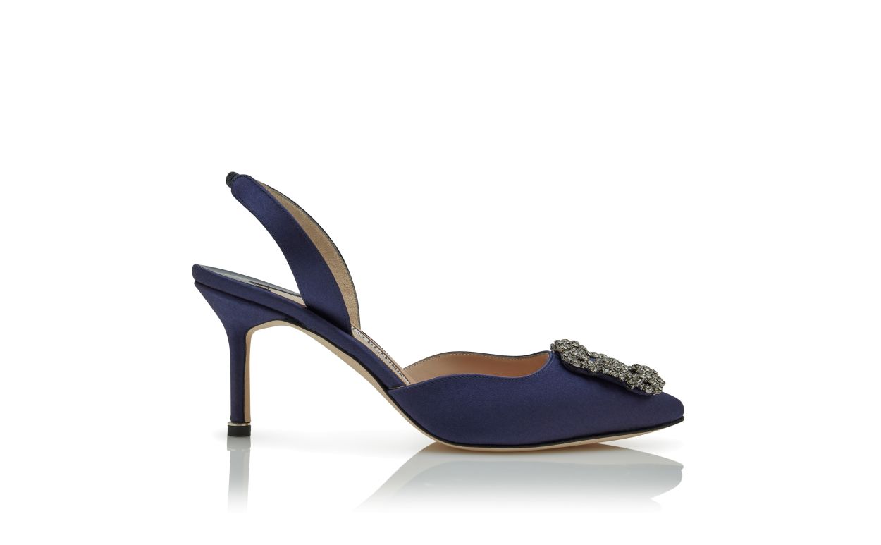 Pumps Slingback con Fibbia in Raso Blu Navy