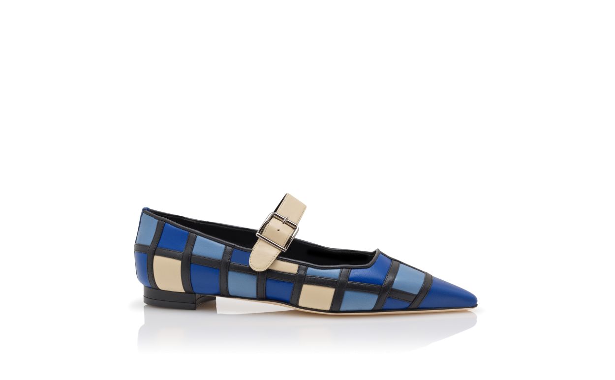 Pump piatte in pelle nappa blu e crema
