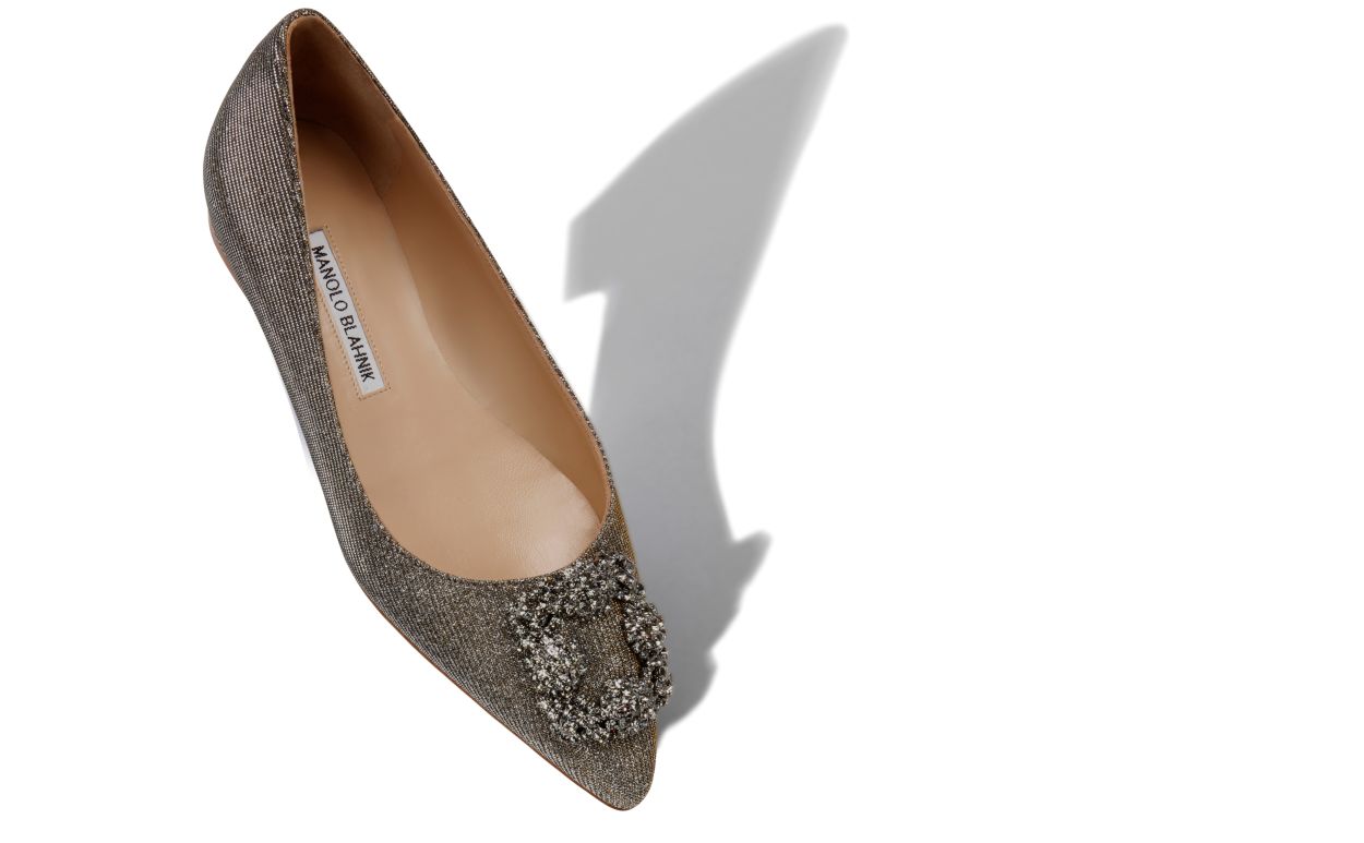 Pump piatte con fibbia gioiello in tessuto con glitter oro scuro