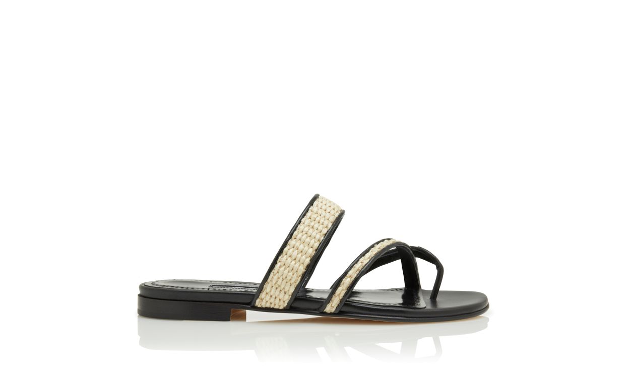Sandali Piani in Raffia Nero e Beige