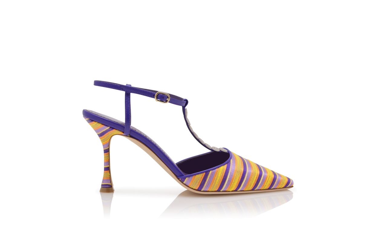 Pumps T-bar in cotone viola e arancione a righe