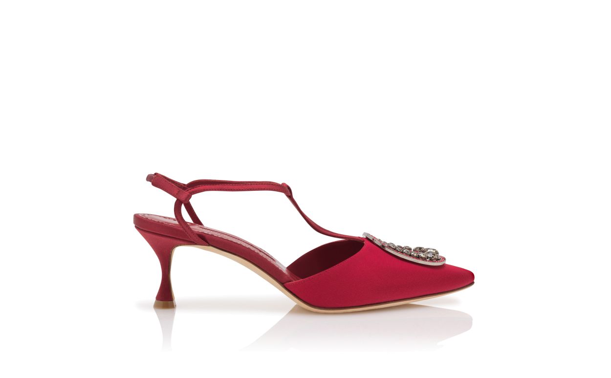 Pumps T-Bar in Grosgrain Rosso con Decorazioni Gioiello