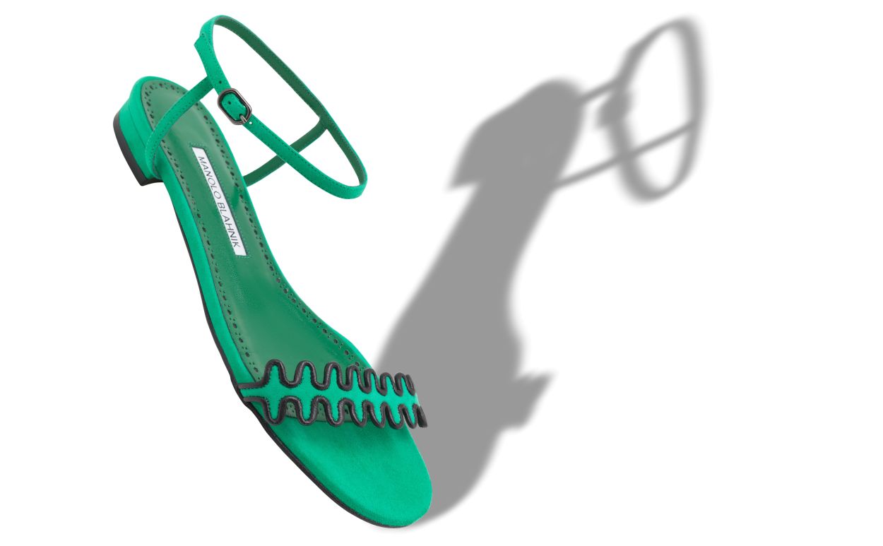 Sandali Piani in Suede Verde con Cinturino per Caviglia