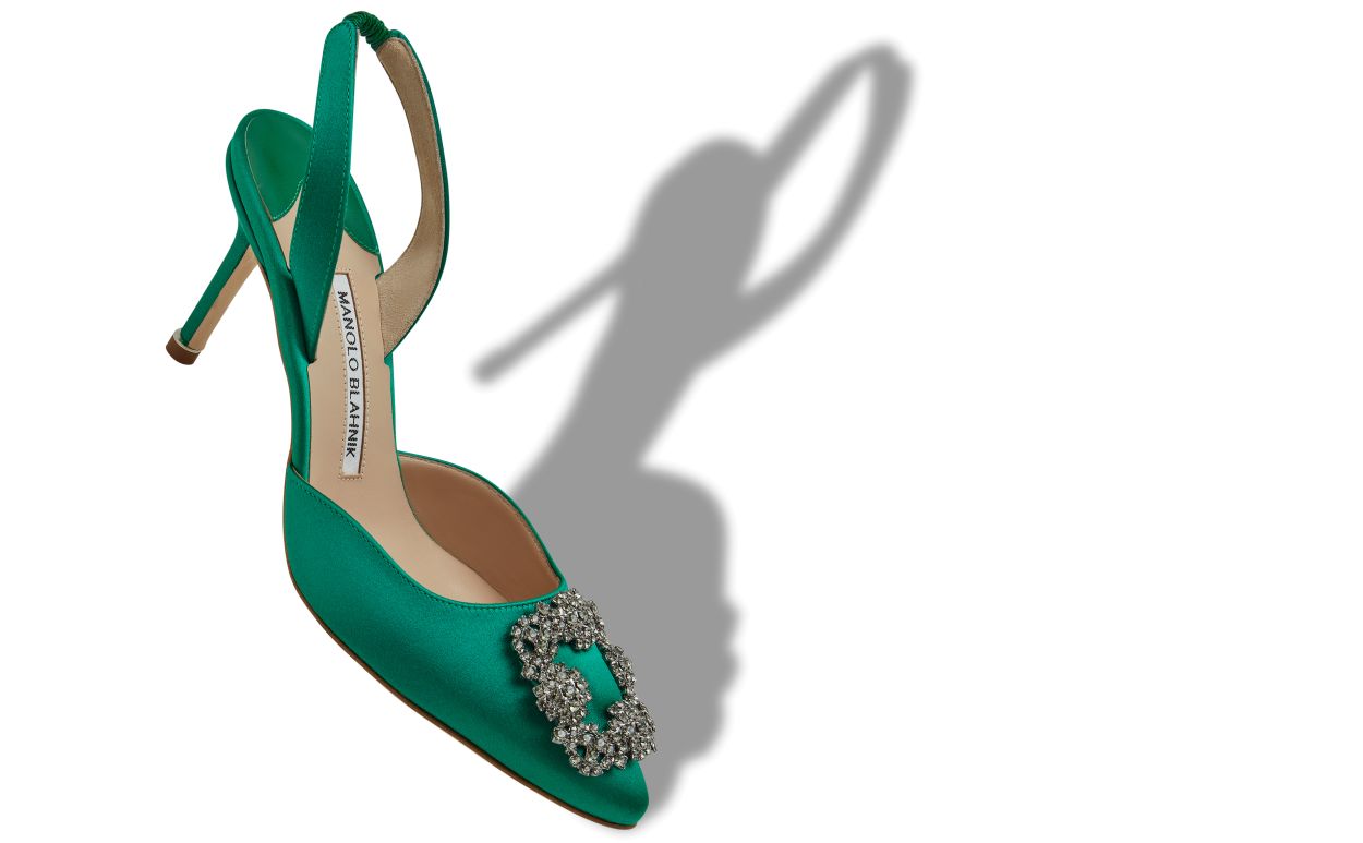Pumps Slingback con Fibbia Gioiello in Raso Verde