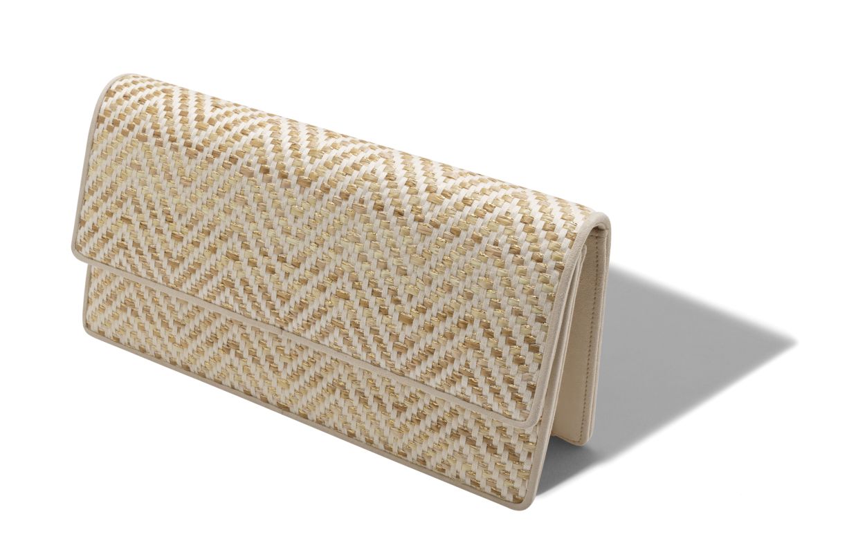 Portafoglio in rafia beige chiaro e crema