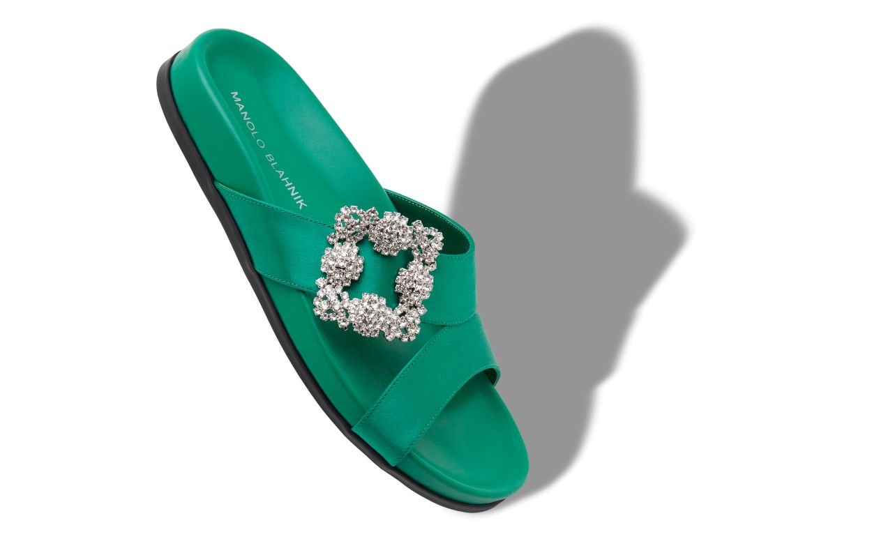 Mules Piatte in Seta Verde con Fibbia a Gioiello