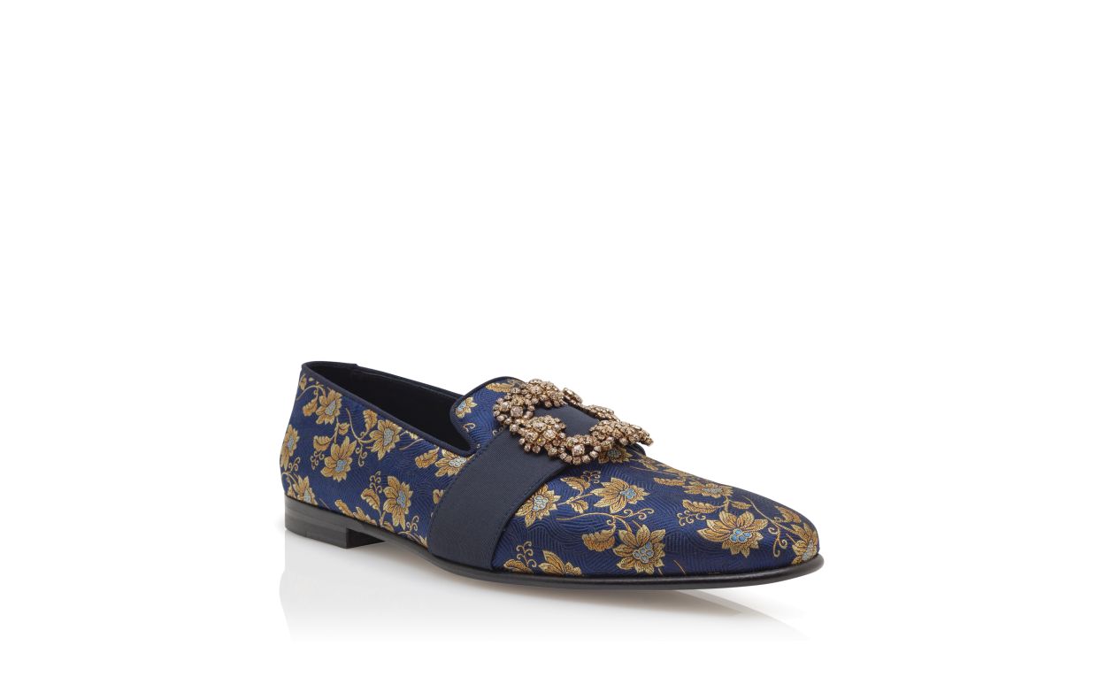Loafers in seta con motivo floreale blu navy e fibbia gioiello in jacquard