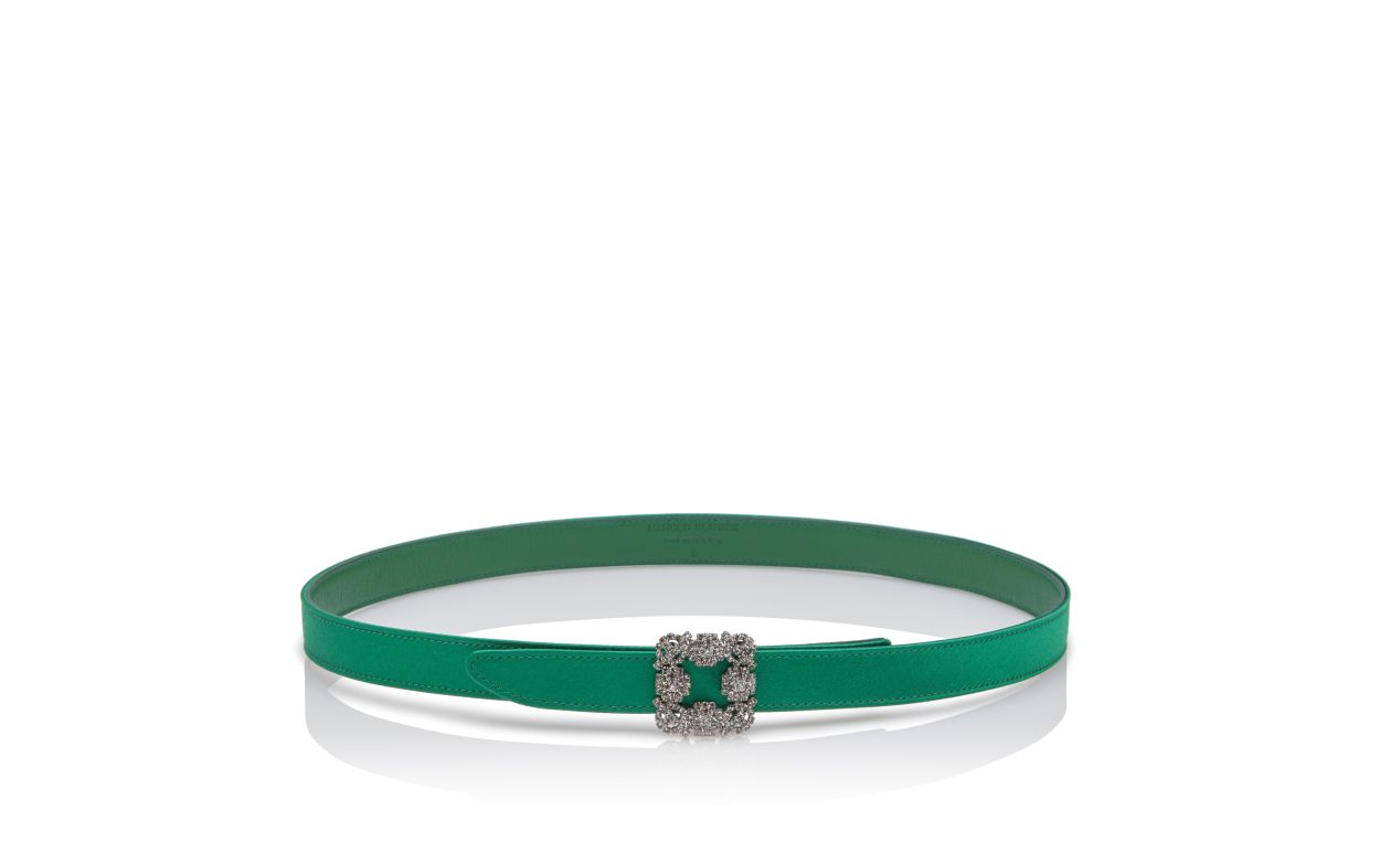 Cinturón in raso verde con fibbia in cristallo