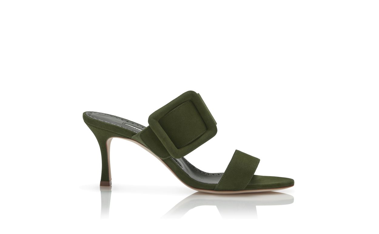 Mule a Punta Aperta in Suede Verde Khaki Scuro