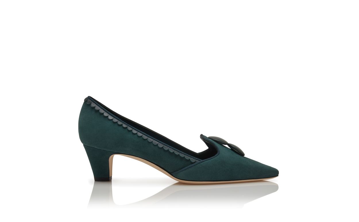 Pumps in Pelle Suede Verde Scuro con Dettagli Bottone