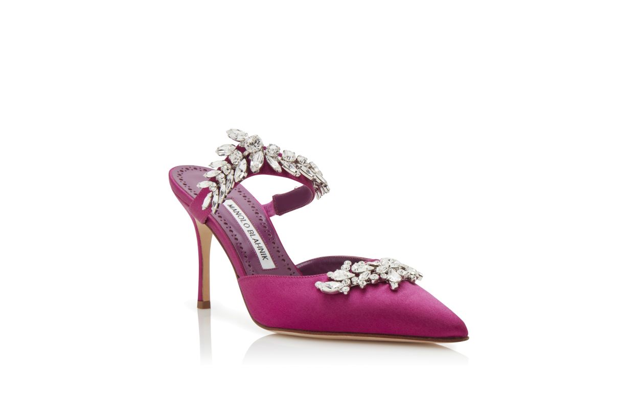 Mule in raso fucsia con applicazioni di cristalli