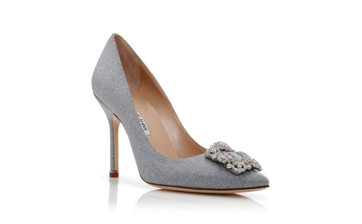 Pumps con fibbia in tessuto argentato e brillantini