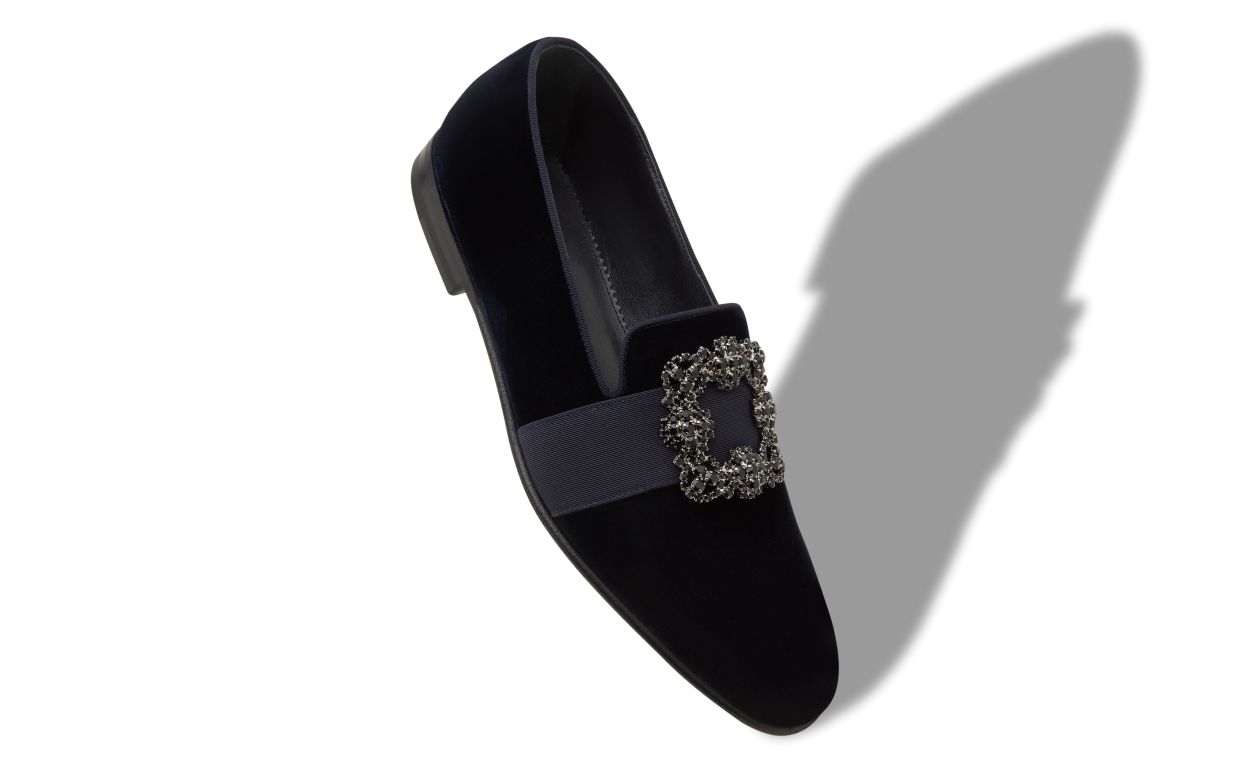 Loafers in velluto blu scuro con fibbia decorata