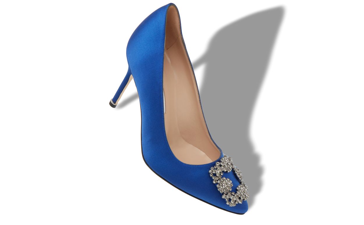 Pumps con fibbia in vetro di seta blu