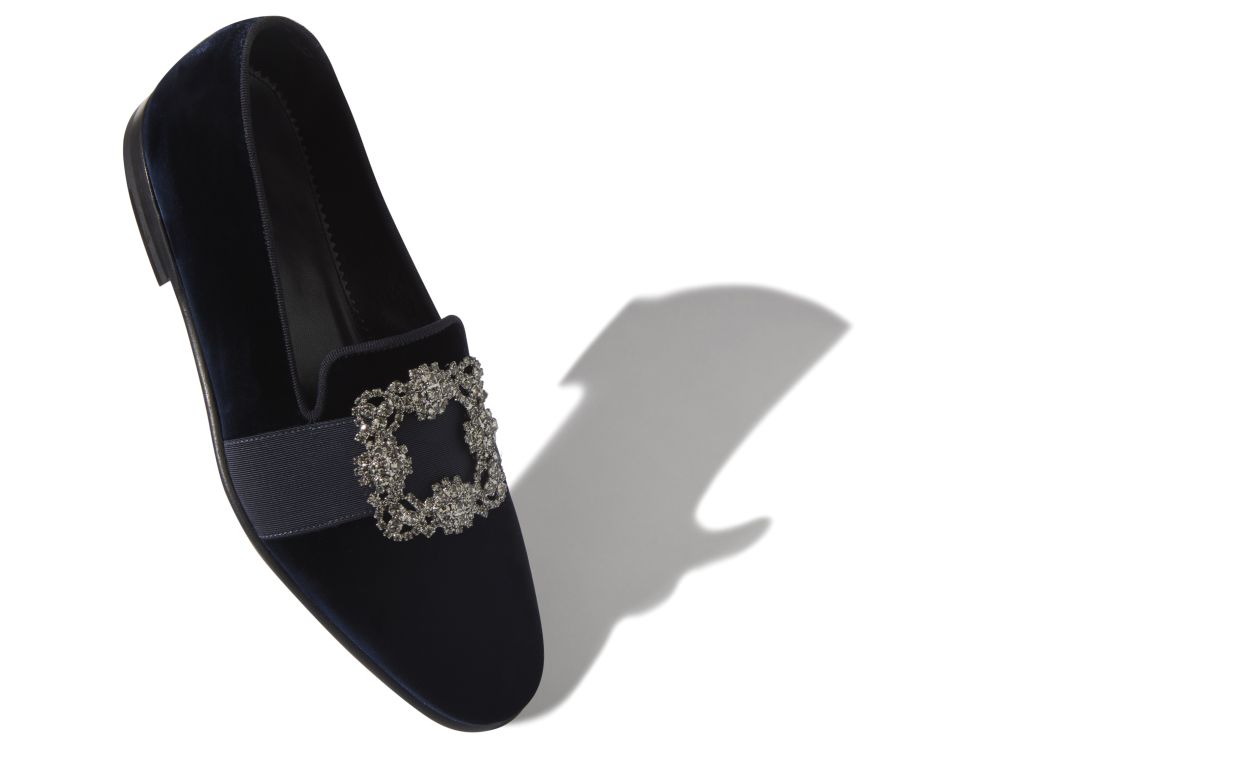 Loafers in velluto blu navy con fibbia incastonata