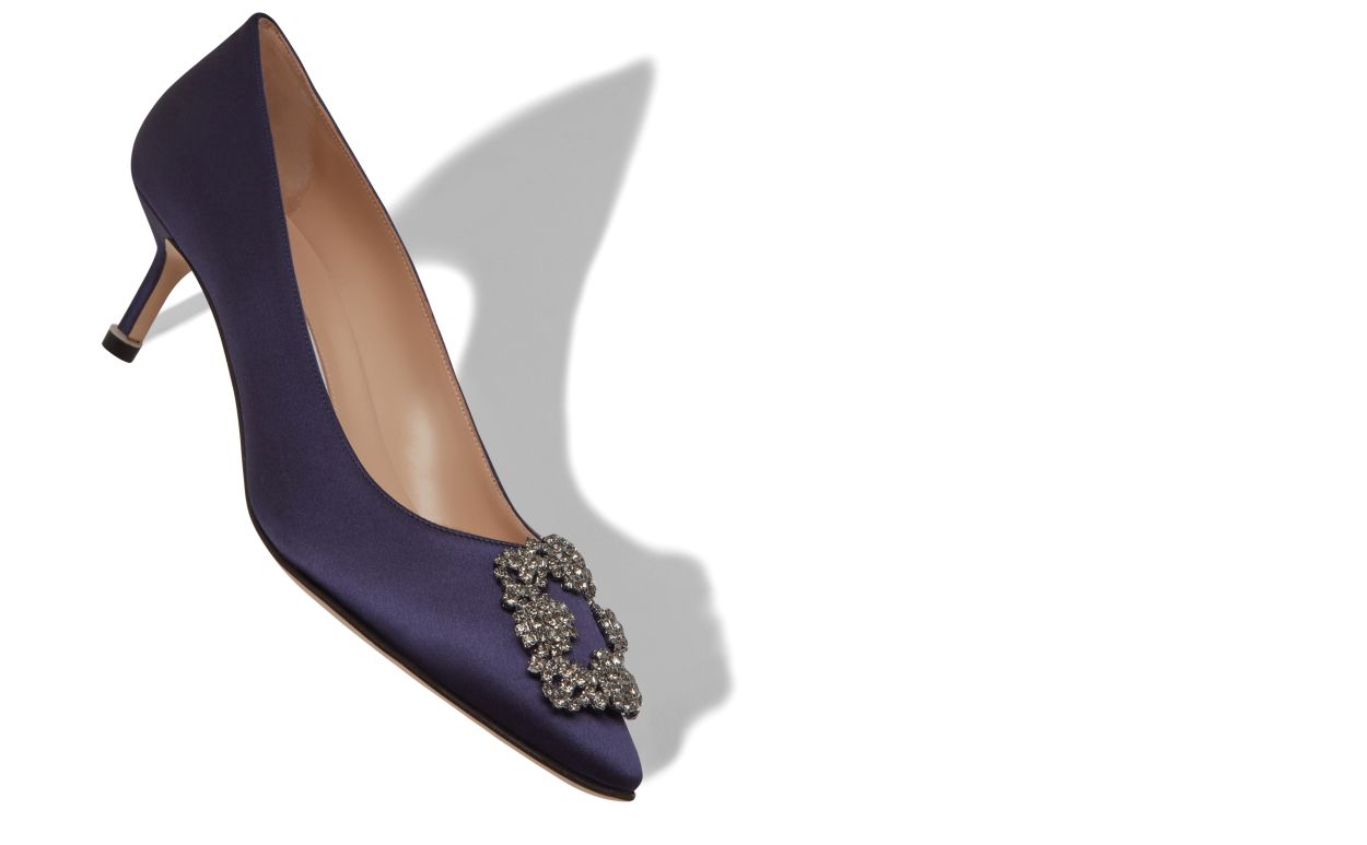 Pumps con Fibbia in Cristallo in Seta Blu Scuro