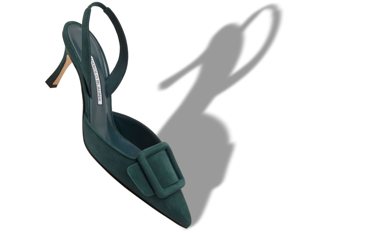 Pumps Slingback con Dettaglio Fibbia in Suede Verde Scuro