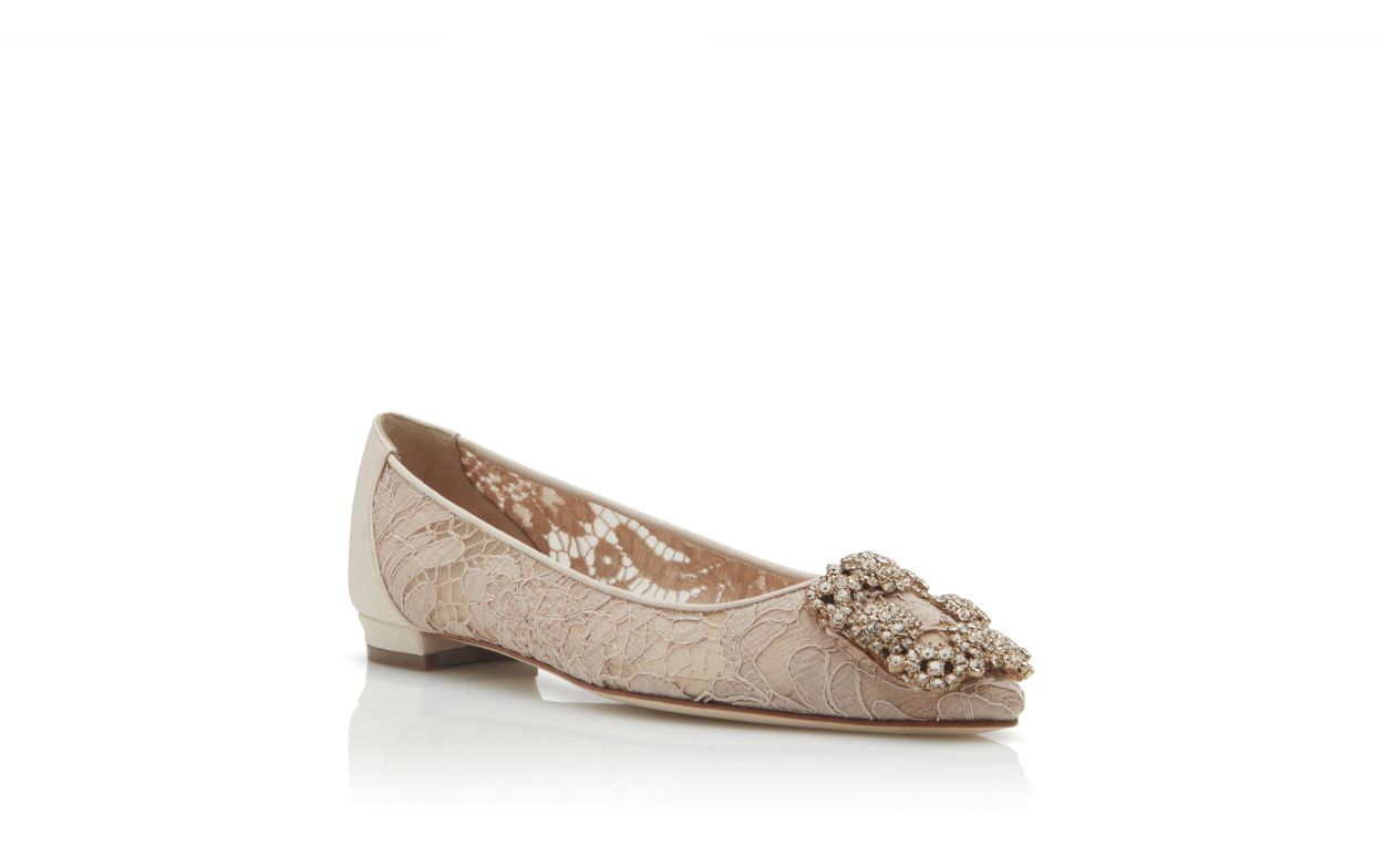 Pumps piatte in pizzo rosa champagne con fibbia gioiello