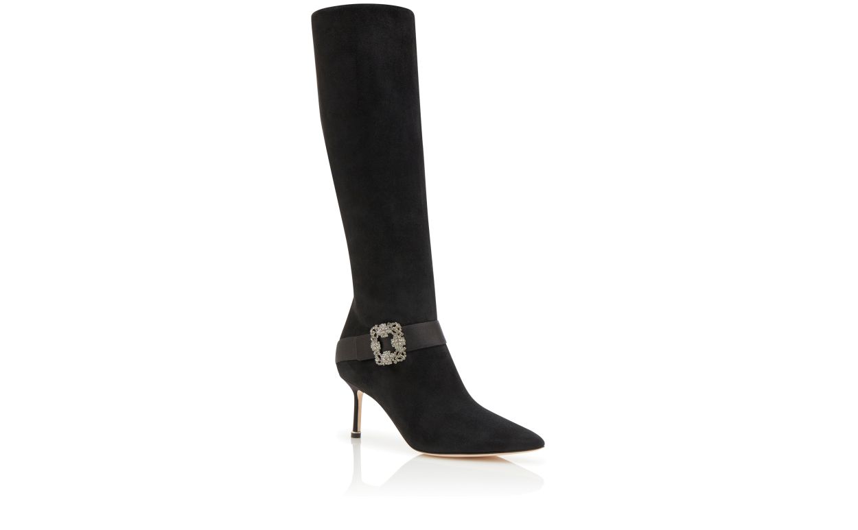 Stivali alti fino al ginocchio in suede nero con fibbia decorativa