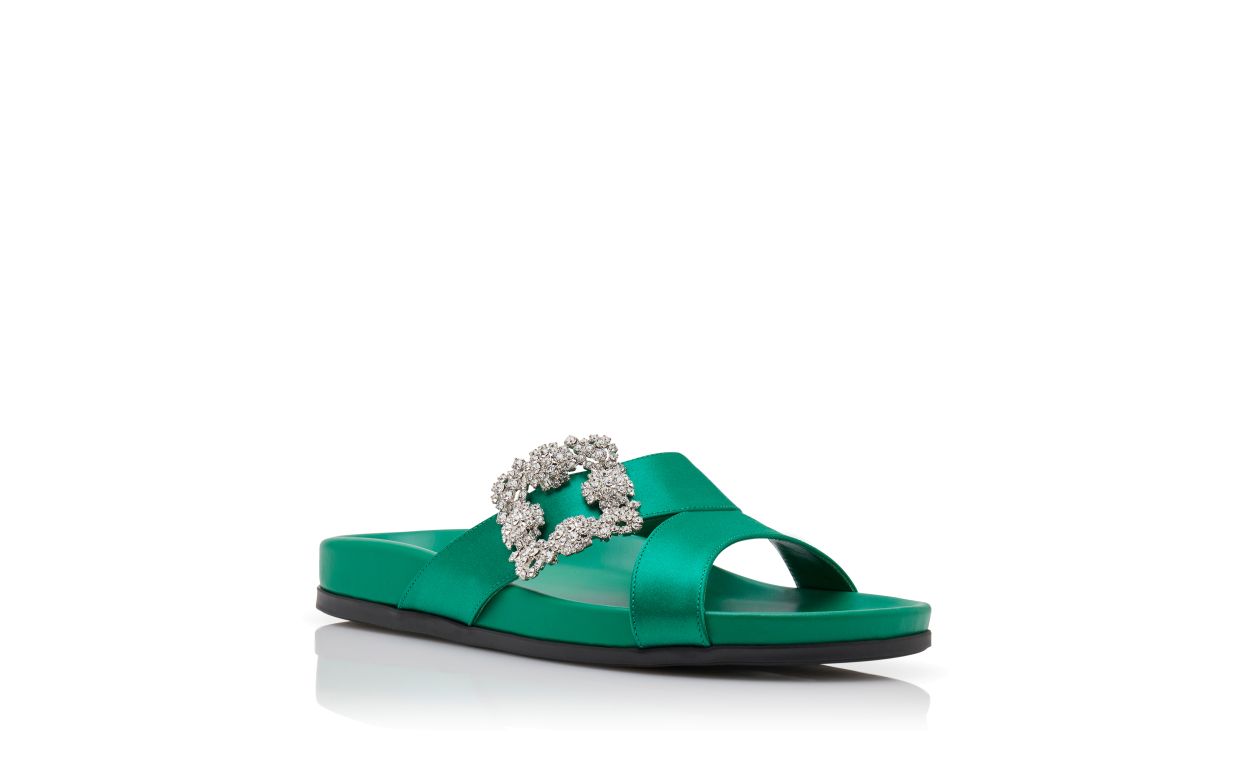 Mules Piatte in Seta Verde con Fibbia a Gioiello
