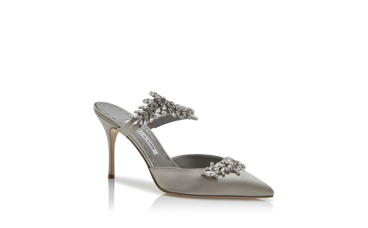 Mules in Seta Grigia Decorate con Cristalli