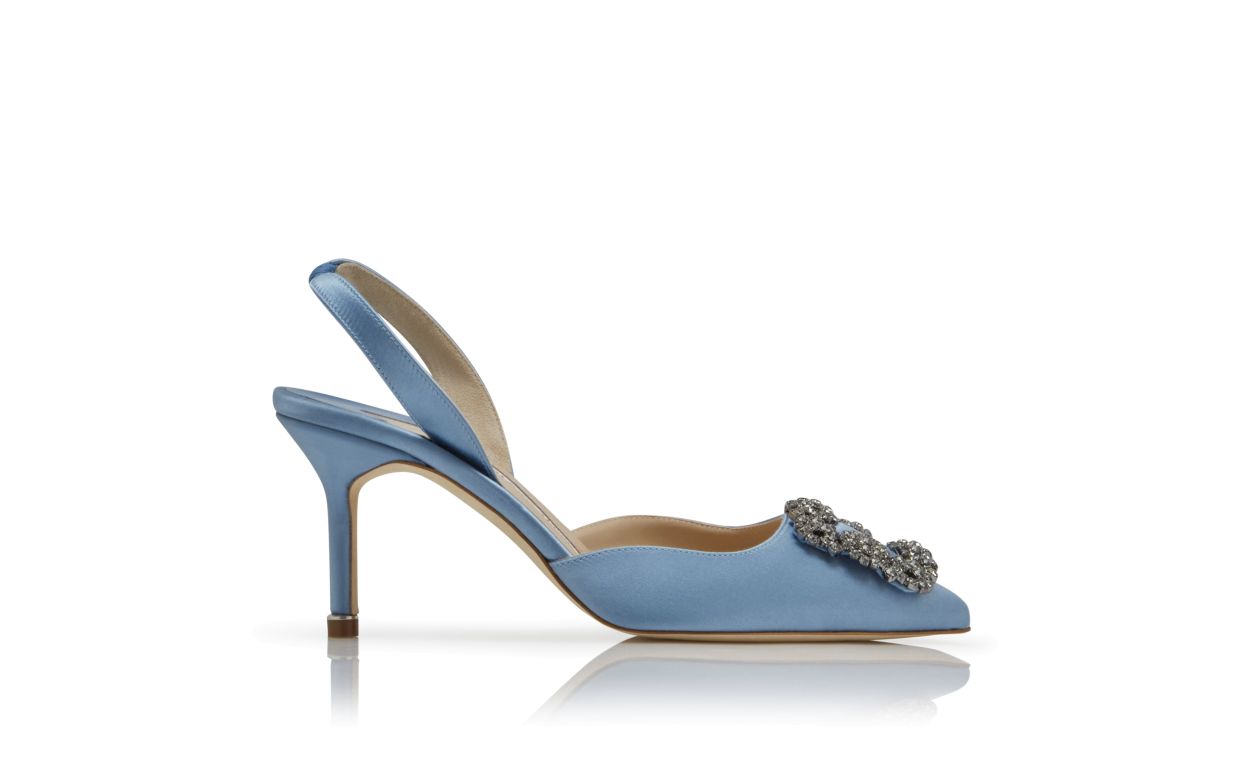 Scarpine slingback in raso blu chiaro con fibbia decorata
