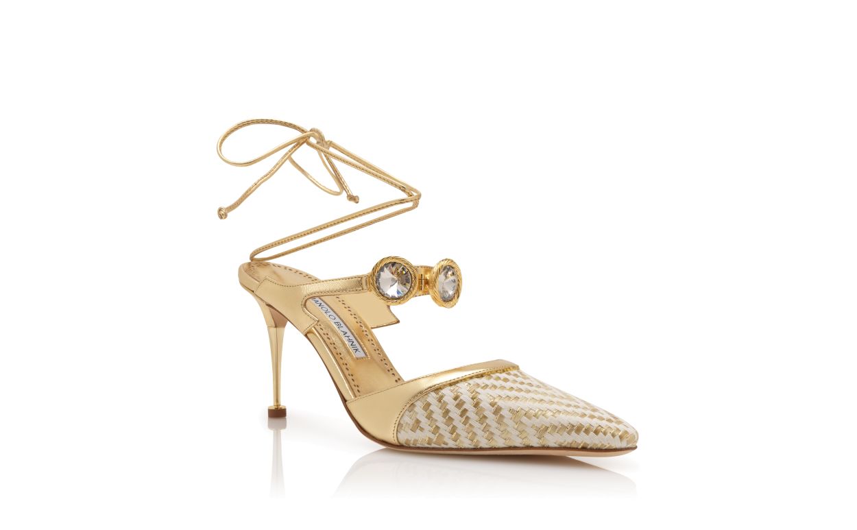 Pumps con cinturino alla caviglia in pelle nappa dorata decorata con cristalli