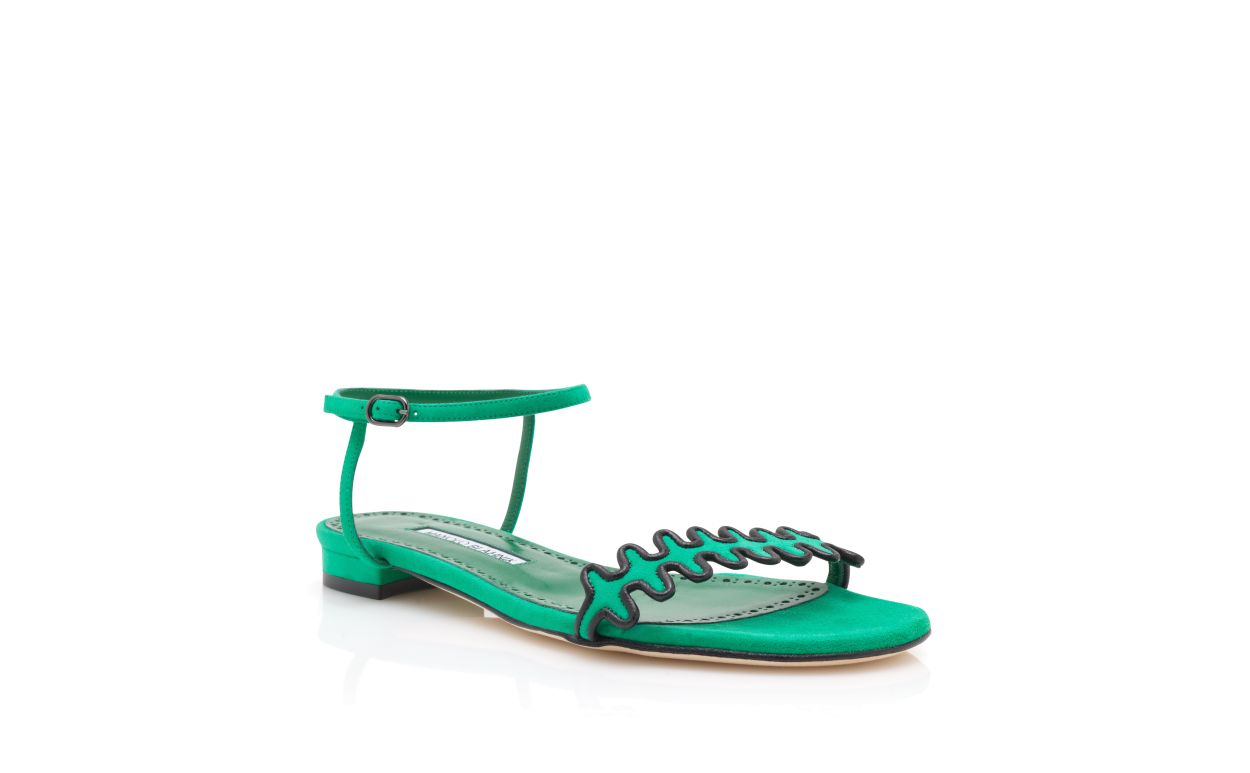 Sandali Piani in Suede Verde con Cinturino per Caviglia