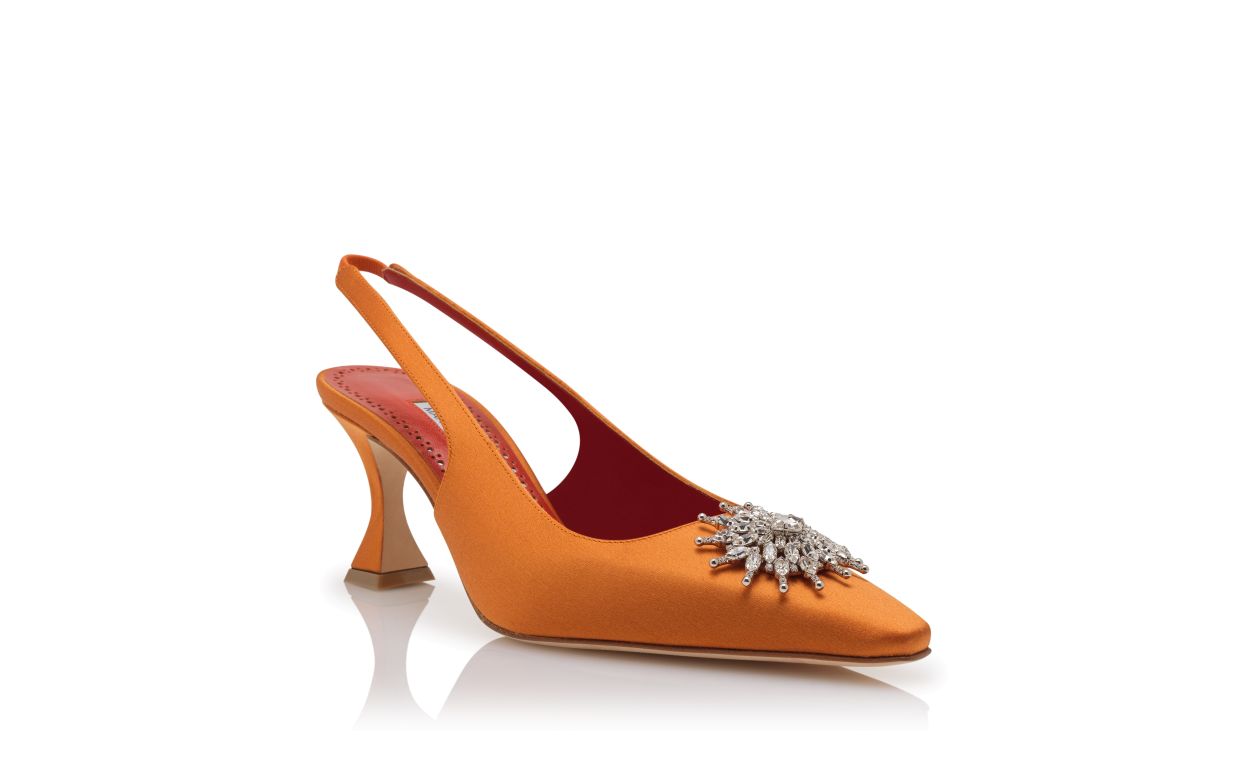 Pumps Slingback in Raso Arancione con Decorazioni in Cristallo