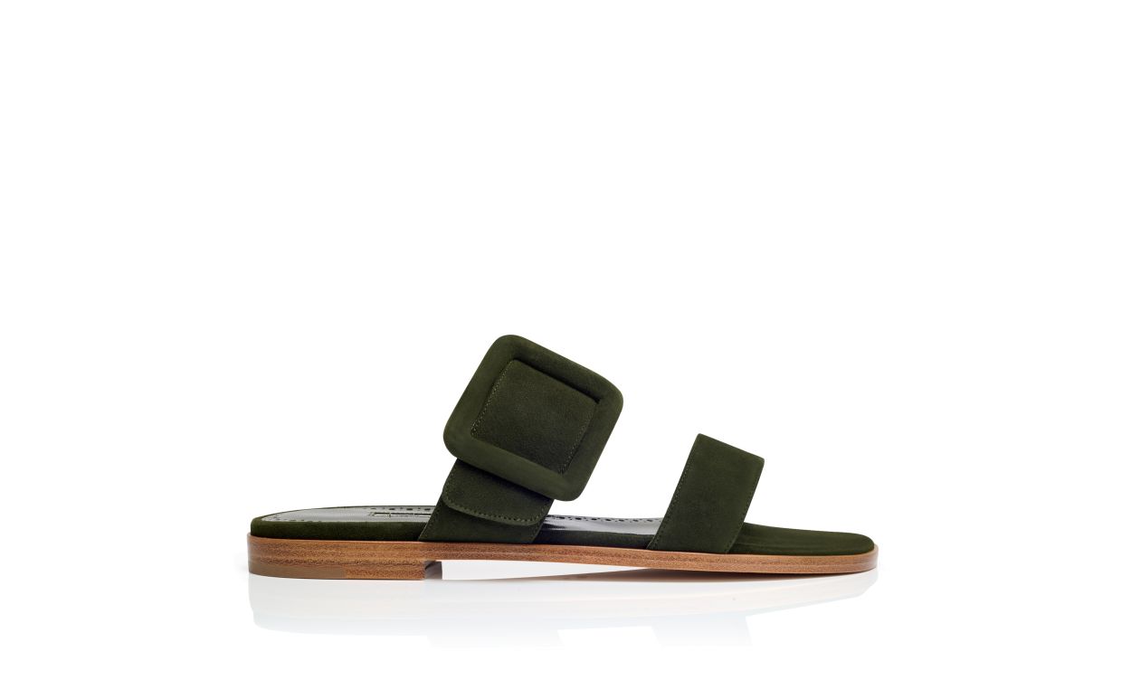 Sandali Piani in Suede Verde Scuro