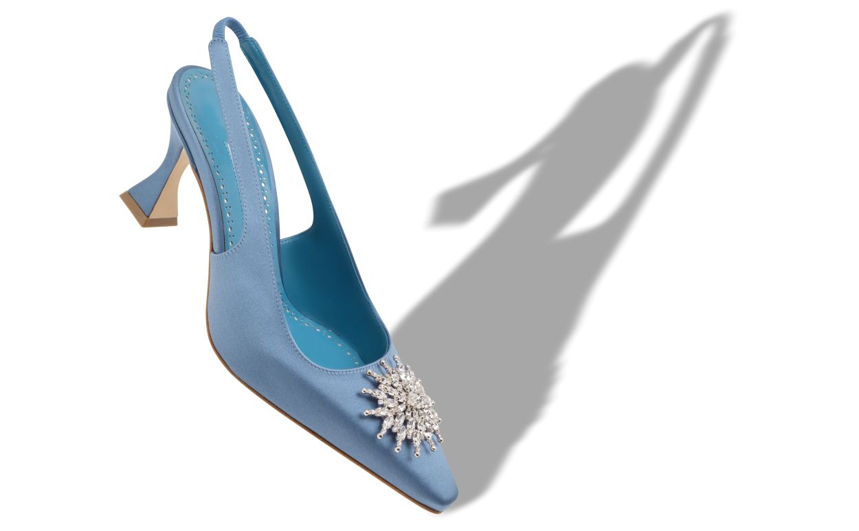 Pumps Slingback in Seta Blu con Decorazioni in Cristallo
