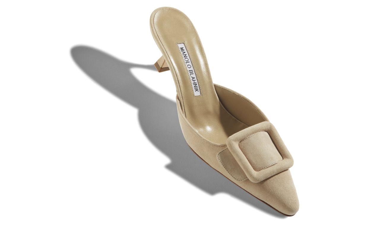 Mules in Suede Beige con Tacco Kitten